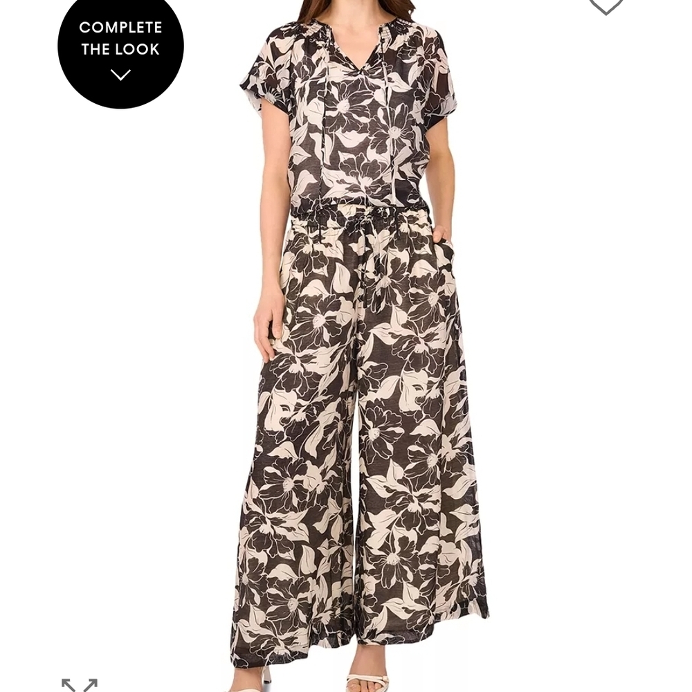 Vince Camuto 2PC Floral Set Blouse & Wide Leg Pants Black Cream Suits Palazzo